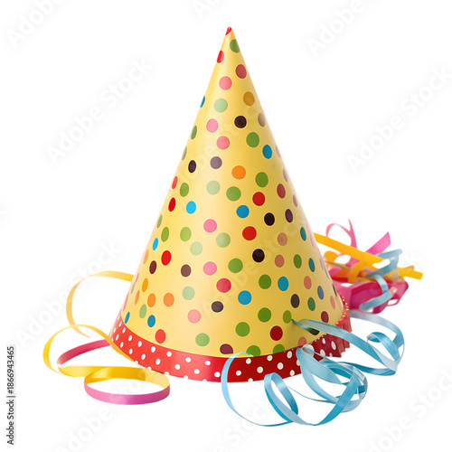 Festive birthday hat with colorful streamers, cut-out subject and isolated on transparent