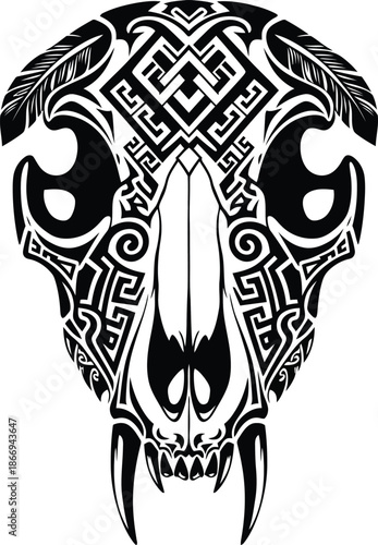 Stylized Tribal Animal Skull Illustration with Intricate Patterns and Fangs