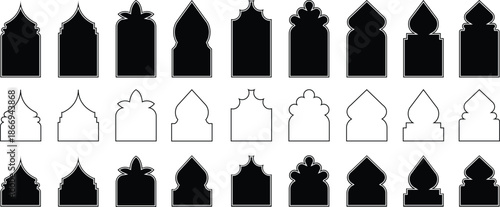 islamic window shapes in door oriental style black silhouette eid mubarak decorative arches, mosque borders or moroccan gates. Arabic muslim architecture design elements, 