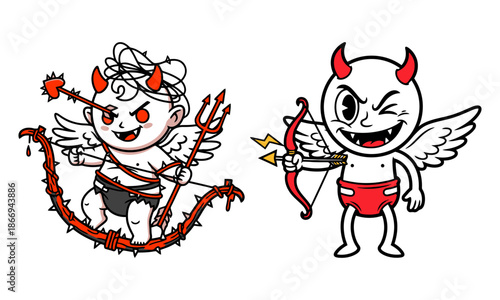 Mischievous evil cupid duo with thorny bow and lightning arrows vector