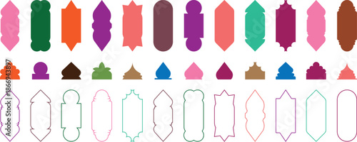 Islamic Shape door and window silhouette Arabic arch. Arab frame set. Ramadan Kareem silhouette icon. labels. Flat design Morocco inspired simple shapes. Indian architecture icons. Muslim frames