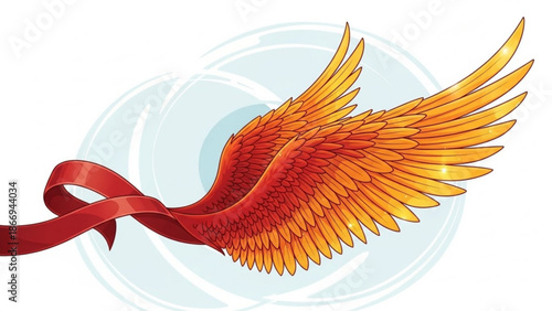 Fiery phoenix wings with a red ribbon symbolizing rebirth and freedom isolated on a soft blue background