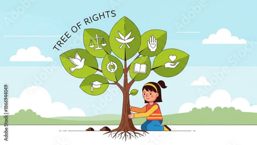 Tree of Rights illustration with child embracing trunk symbolizing human rights and legal protection for educational concepts