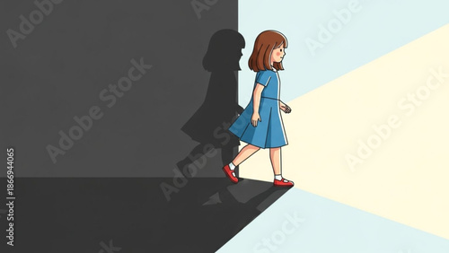 Young girl walking from darkness into light representing hope and new beginnings conceptual illustration for growth and change