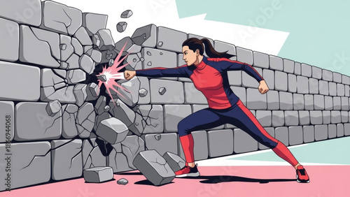 Woman breaking through brick wall with fist symbolizing overcoming obstacles and achieving success dynamic action illustration