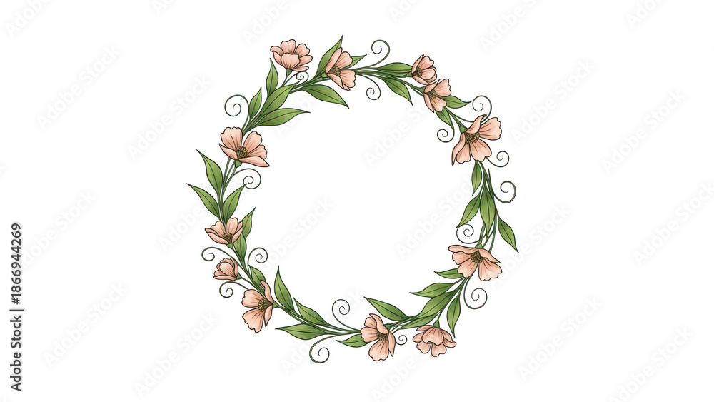 Naklejka premium Elegant floral wreath with pink roses and green leaves arranged in a circular shape for decoration or celebration isolated on transparent background