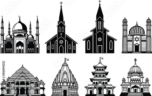 Diverse Religious Buildings Vector Icons Set: Mosque, Churches, Temples, Pagoda, and Synagogue