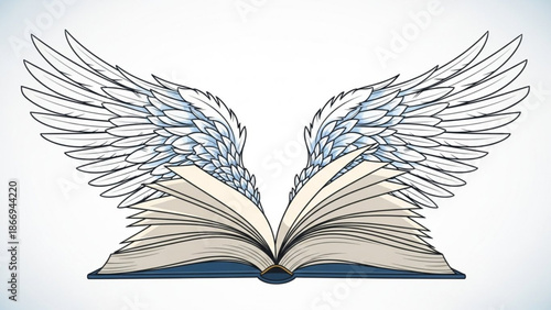 Open book with white feathered wings symbolizing knowledge imagination and freedom isolated on a white background