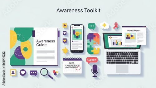 Awareness toolkit with guide phone laptop and icons representing mental health support and campaign resources flat design concept