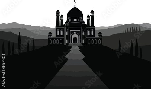 Islamic Mosque Silhouette on Hill, Monochromatic Landscape Vector Art