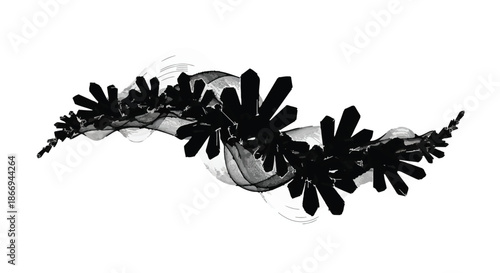 Abstract swirling black crystalline shapes with ethereal smoky wisps on a white background