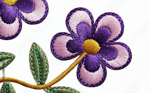Purple and Pink Embroidered Flower with Green Leaves