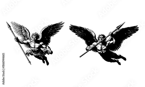 Evil cupid warrior angels with spears engraving vector