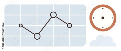 Data tracking, time management, performance monitoring, analytics, trends analysis, business insights. Line graph on grid background with clock symbol. Data tracking and time management concept