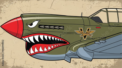 Vintage WWII Fighter Plane with Shark Teeth Nose Art – Military Aviation Vector Illustration