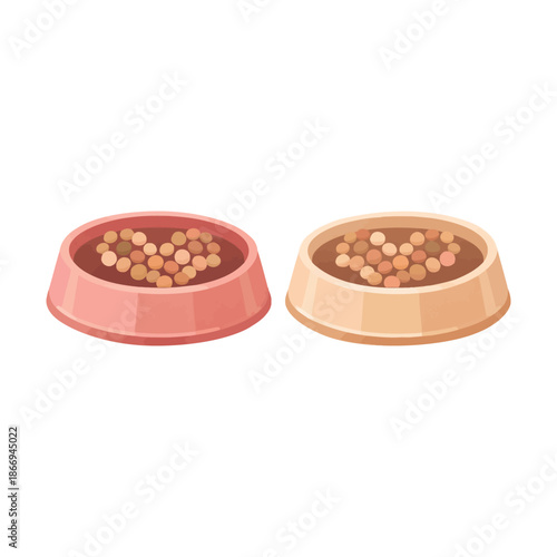 Two Pet Food Bowls with Heart Shape Kibble, Love and Care for Pets Illustration