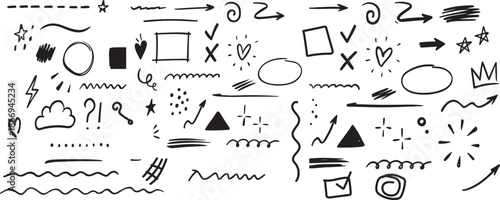 A collection of various black scribbles and doodles on a white background