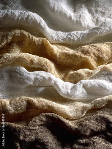 Minimalist fabric flat lay photography with layered sheer and matte textiles in neutral tones, soft natural light and subtle shadows, clean editorial style