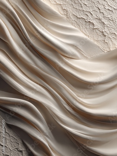 Minimalist fabric flat lay photography with layered sheer and matte textiles in neutral tones, soft natural light and subtle shadows, clean editorial style