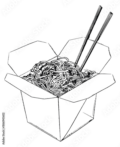 Hand drawn line art illustration of take-out noodles depicting a meal in an open box with chopsticks for restaurant menu design