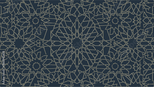 Seamless Islamic Geometric Pattern Featuring Intricate Gold Line Mandalas on a Dark Blue Background