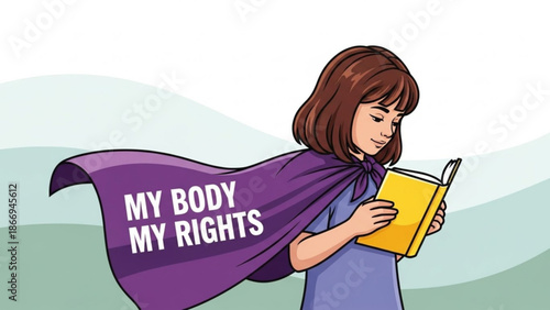 Young girl with superhero cape reading a book symbolizing empowerment and the right to choose illustration for social justice and education