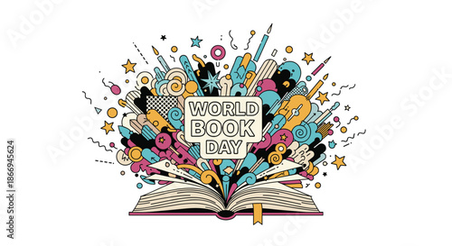 Open book with vibrant colorful abstract doodles and the text World Book Day emerging from its internal pages.