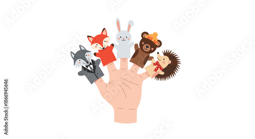 Human hand with cute animal finger puppets including a gray wolf, red fox, white rabbit, brown bear, and hedgehog.