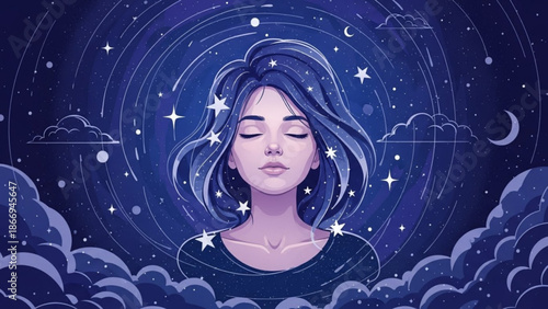Woman meditating under starry night sky peaceful dreamscape with clouds and celestial elements perfect for wellness and spirituality concepts