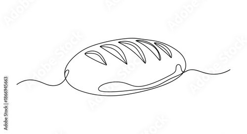 Simple continuous line drawing of a loaf of crusty bread on a clean white background representing food and nutrition.