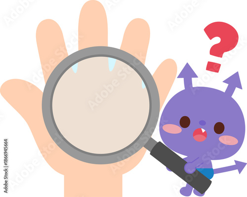 大きな虫眼鏡を持つばい菌のキャラクターと手