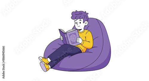 Young boy character sitting comfortably in a large purple bean bag chair while reading a decorative purple book.