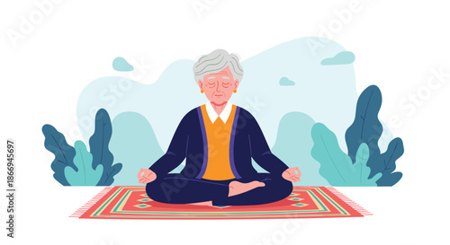 Elderly woman character sitting in a lotus pose on a traditional rug and meditating in a peaceful nature landscape.