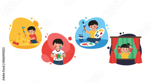 Four circular illustrations showing a young boy and girl engaged in different creative play activities like painting and sandcastles.