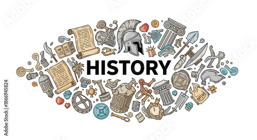 History education concept featuring the word history surrounded by various ancient artifacts and archaeological icons in an oval shape.