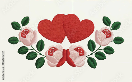 Red Hearts with Pink Roses and Green Leaves Embroidery