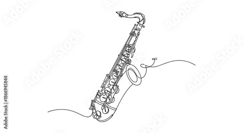 Continuous line drawing of a professional saxophone musical instrument with elegant curves on a clean white background.