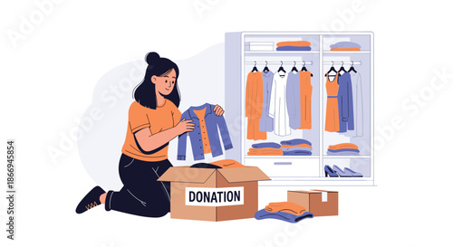 Young woman character packing clothes into a cardboard box labeled donation near a wardrobe for charity purposes.