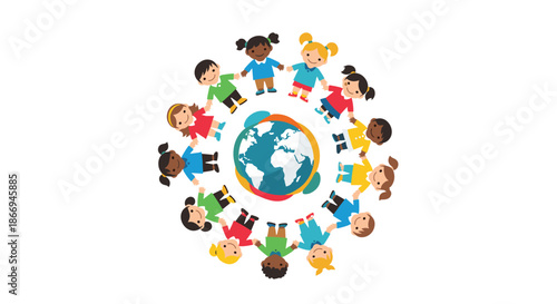 Diverse group of happy children holding hands in a circle around the globe representing global unity and friendship.