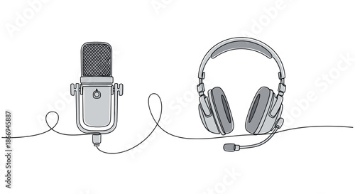 Continuous line drawing featuring a professional condenser microphone and a pair of studio headphones with a headset.