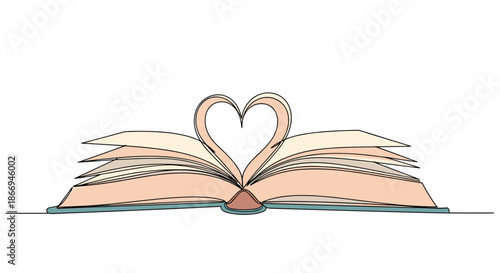 Continuous line drawing of an open book with paper pages folded to form a beautiful heart shape in the center.