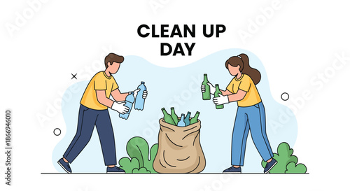 Man and woman characters picking up plastic and glass bottles into a large sack for Clean Up Day environmental event.