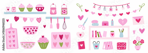 Cute Valentine's Day kitchen and office supplies in pink