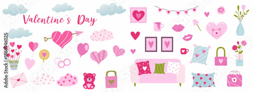 Valentine's Day decorations and symbols in pink hues