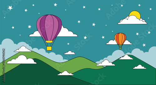 Whimsical Hot Air Balloons Soaring Above Rolling Hills