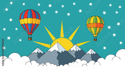 Colorful Hot Air Balloons Over Snowy Mountains at Sunrise