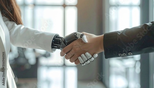 Robot and Human Shaking Hands in a Bright Office Environment