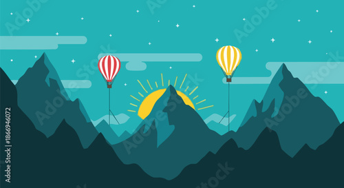 Hot Air Balloons Over Mountain Peaks at Sunrise