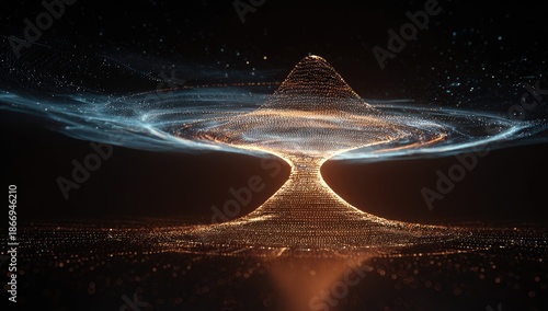 Digital, abstract artwork of a particle cloud forming an upward-spiraling vortex