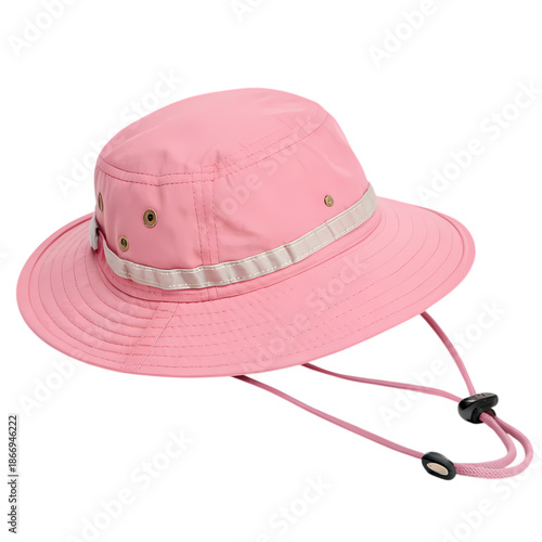 Pastel pink outdoor bucket hat with adjustable cord, transparency for product design